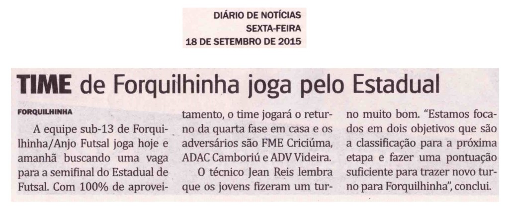 Anjos do Futsal no Jornal Diário de Notícias - 18/09/2015