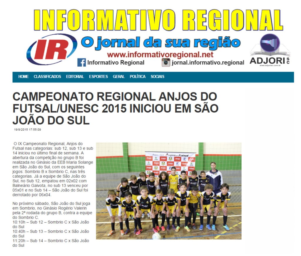 Anjos do Futsal no Portal Informativo Regional - 19/09/2015