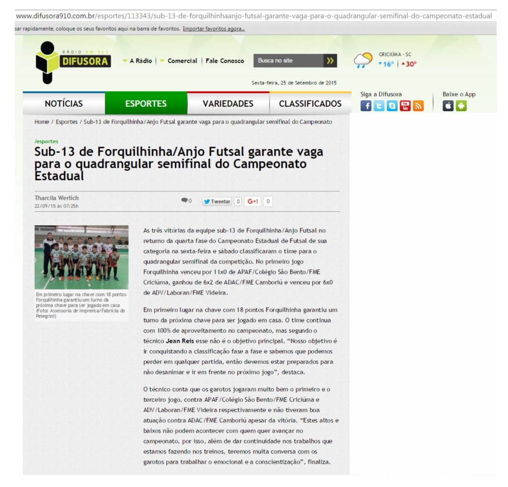 Anjos do Futsal no Portal da Rádio Difusora - 22/09/2015
