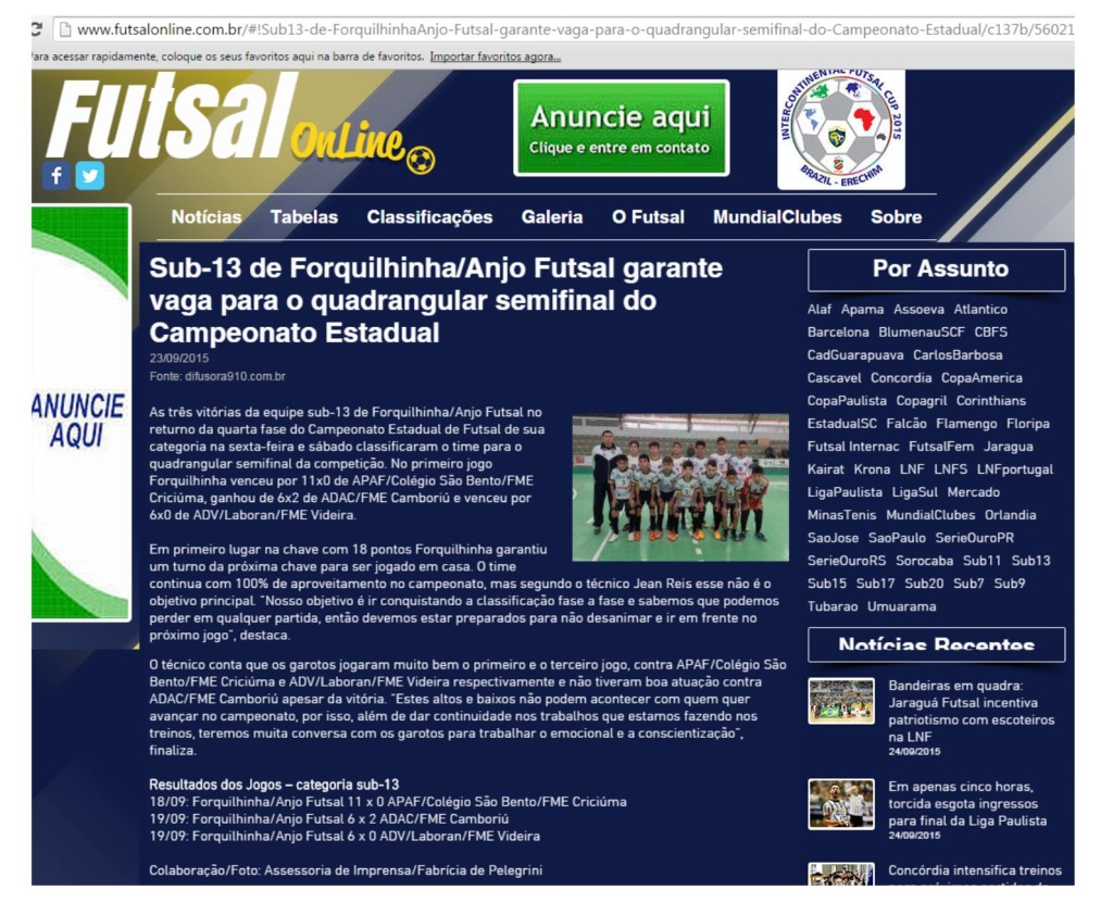 Anjos do Futsal no Portal Futsal Online - 23/09/2015