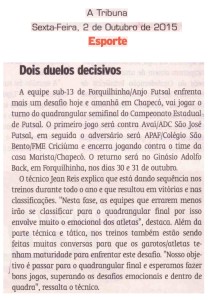 Anjos do Futsal no Jornal A Tribuna - 02/10/2015