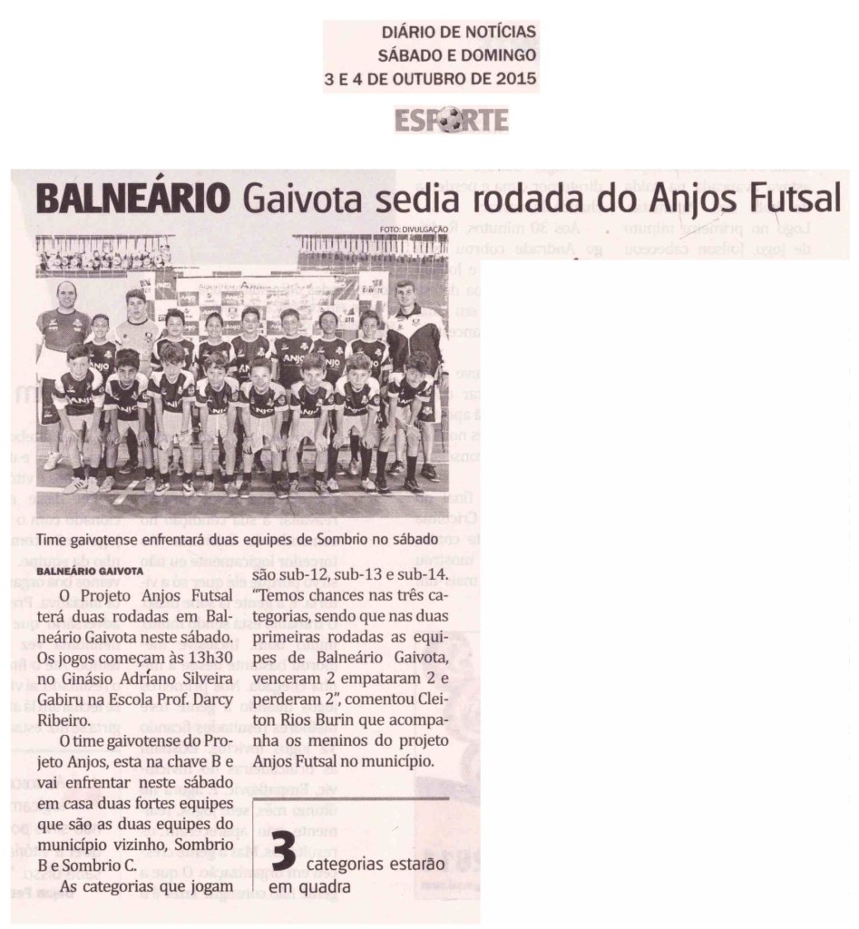 Anjos do Futsal no Jornal Diário de Notícias - 03 e 04/10/2015