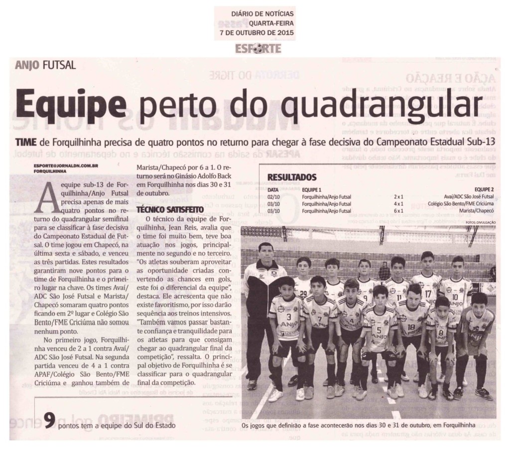 Anjos do Futsal no Jornal Diário de Notícias - 07/10/2015