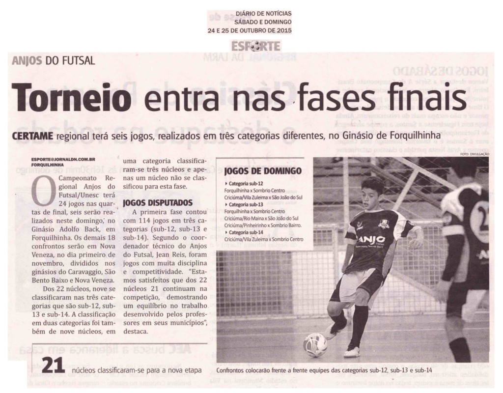 Anjos do Futsal no Jornal Diário de Notícias - 24 a 25/10/2015