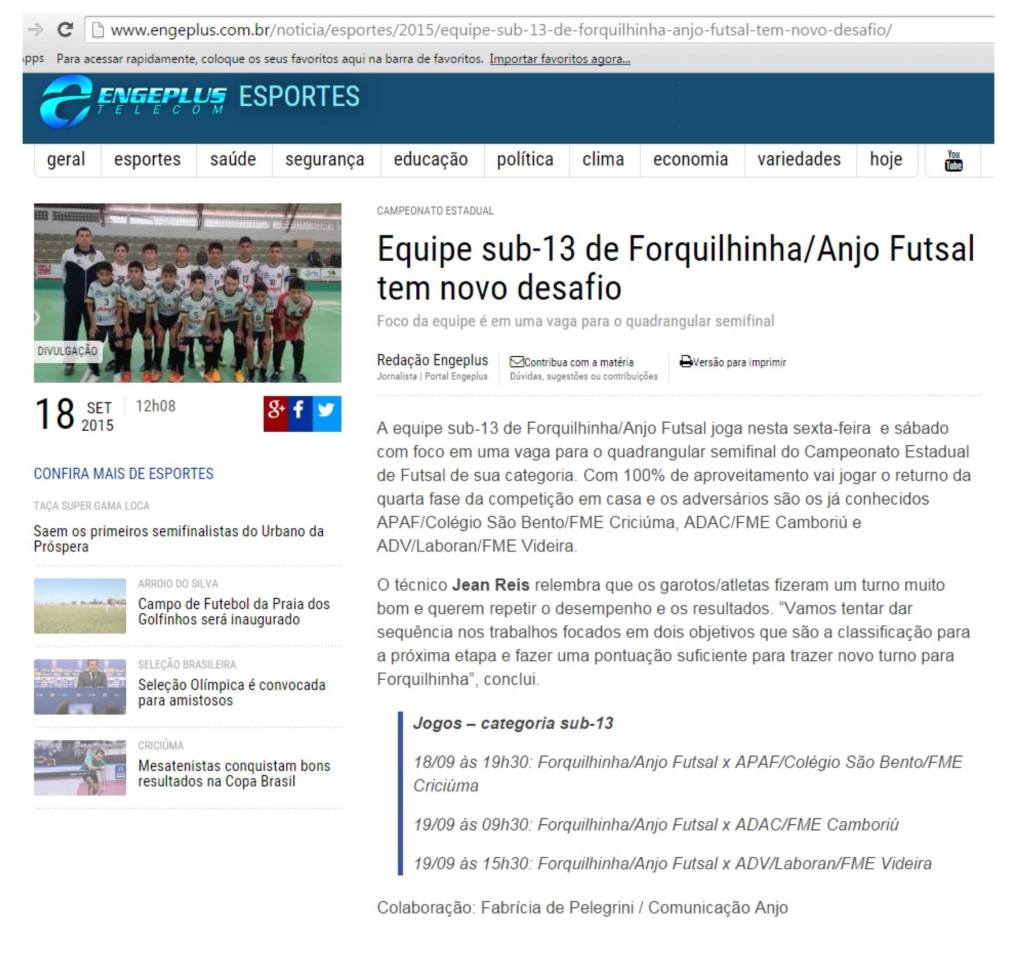 Anjos do Futsal no Portal Engeplus - 18/09/2015