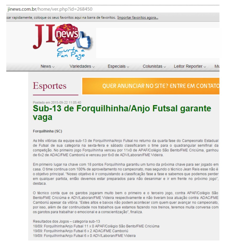 Anjos do Futsal no Portal JI News - 22/09/2015