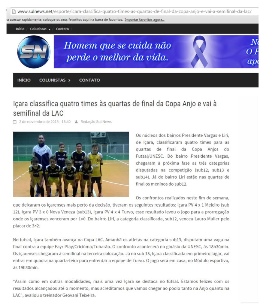 Anjos do Futsal no Portal Sul News - 02/11/2015