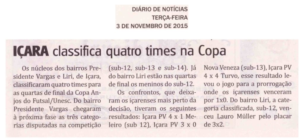 Anjos do Futsal no Jornal Diário de Notícias - 03/11/2015