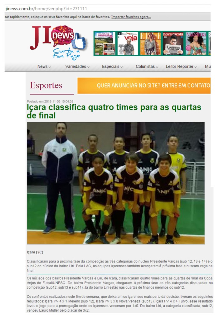 Anjos do Futsal no Portal JI News - 03/11/2015