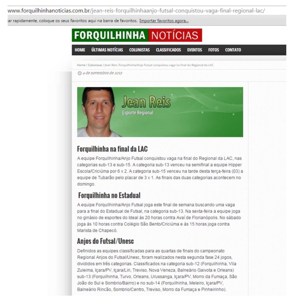 Anjos do Futsal no Portal Forquilhinha Notícias - 04/11/2015
