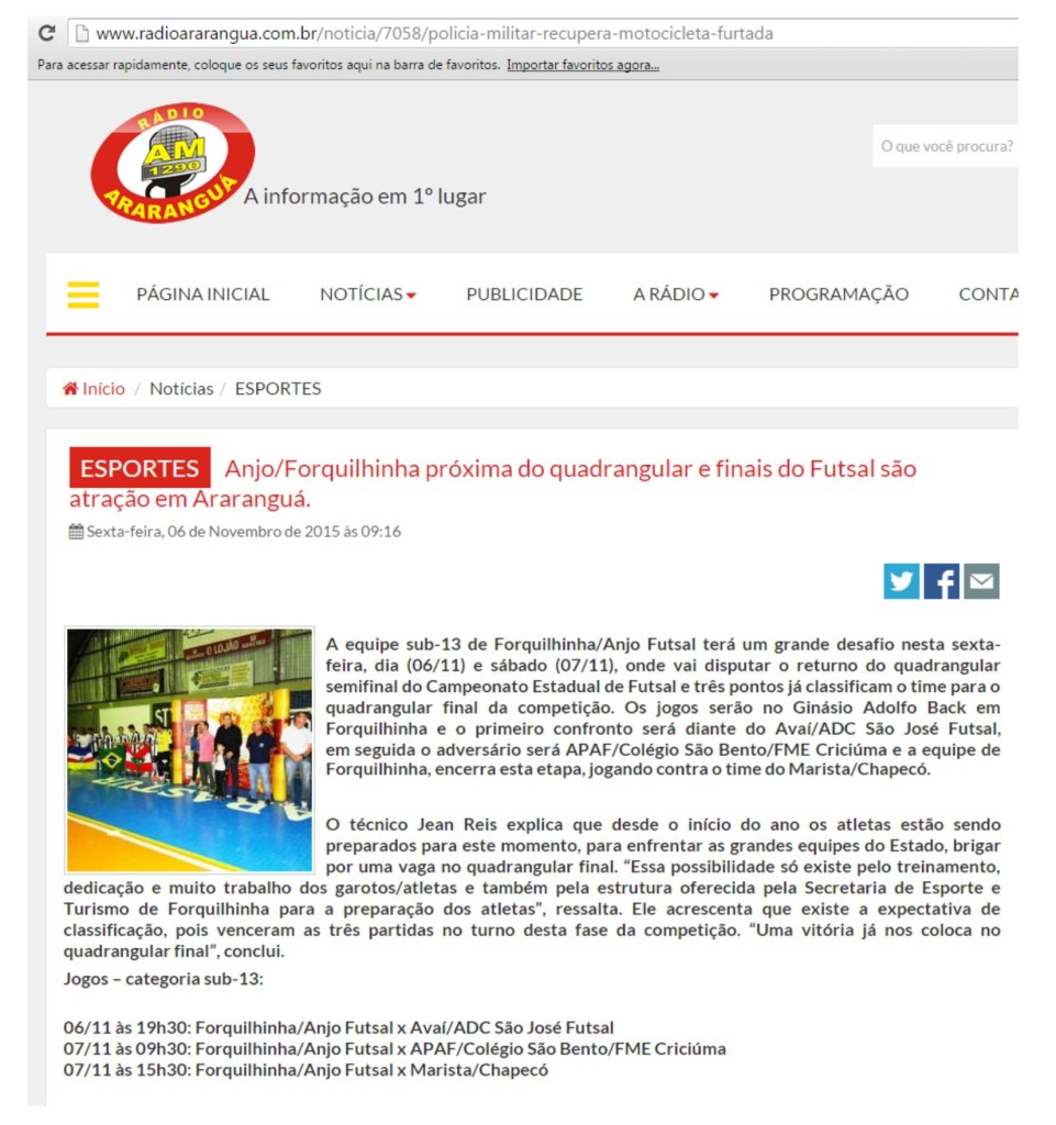 Anjos do Futsal no Portal da Rádio Araranguá - 06/11/2015