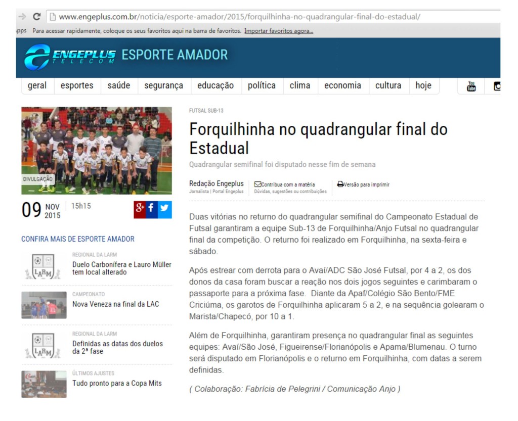 Anjos do Futsal no Portal Engeplus - 09/11/2015