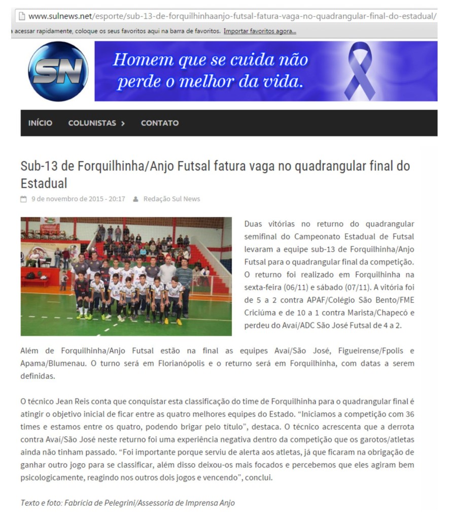Anjos do Futsal no Portal Sul News - 09/11/2015