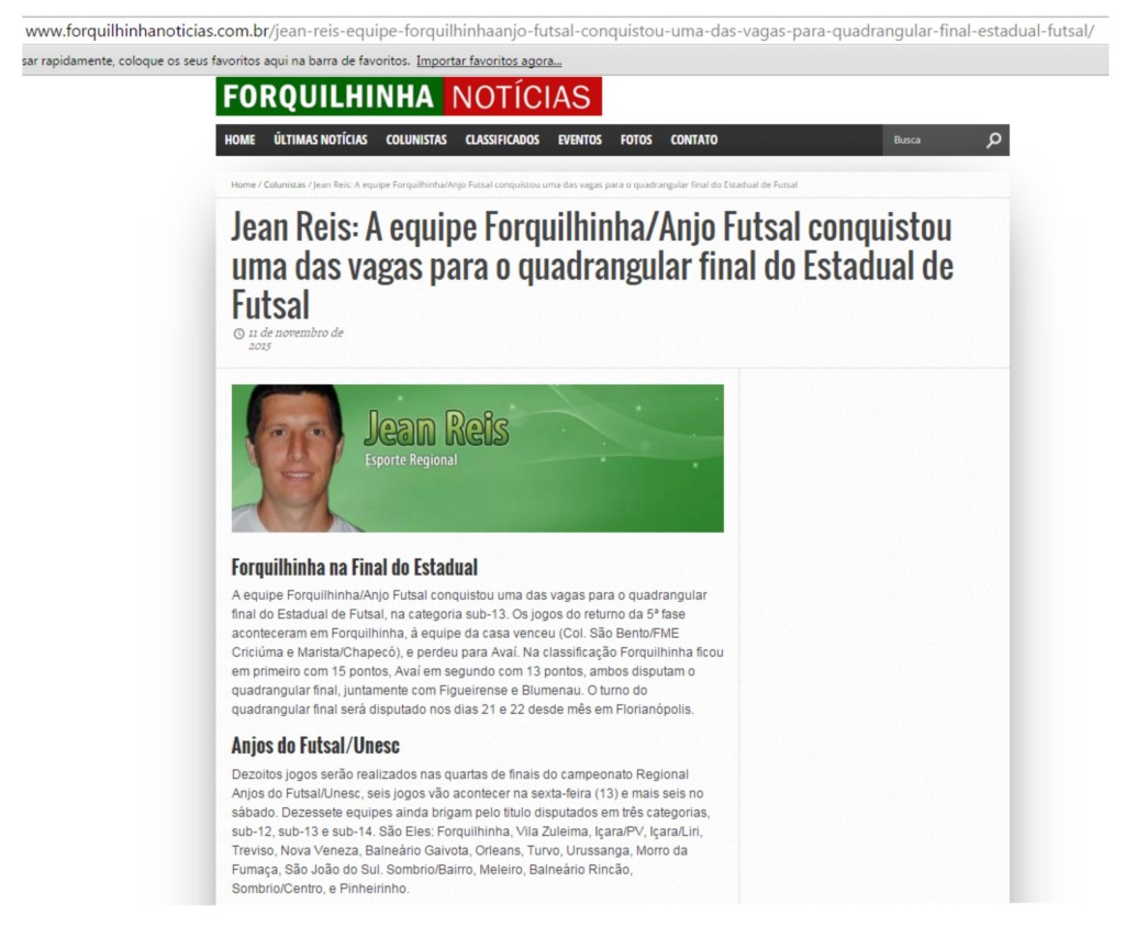 Anjos do Futsal no Portal Forquilhinha Notícias - 11/11/2015