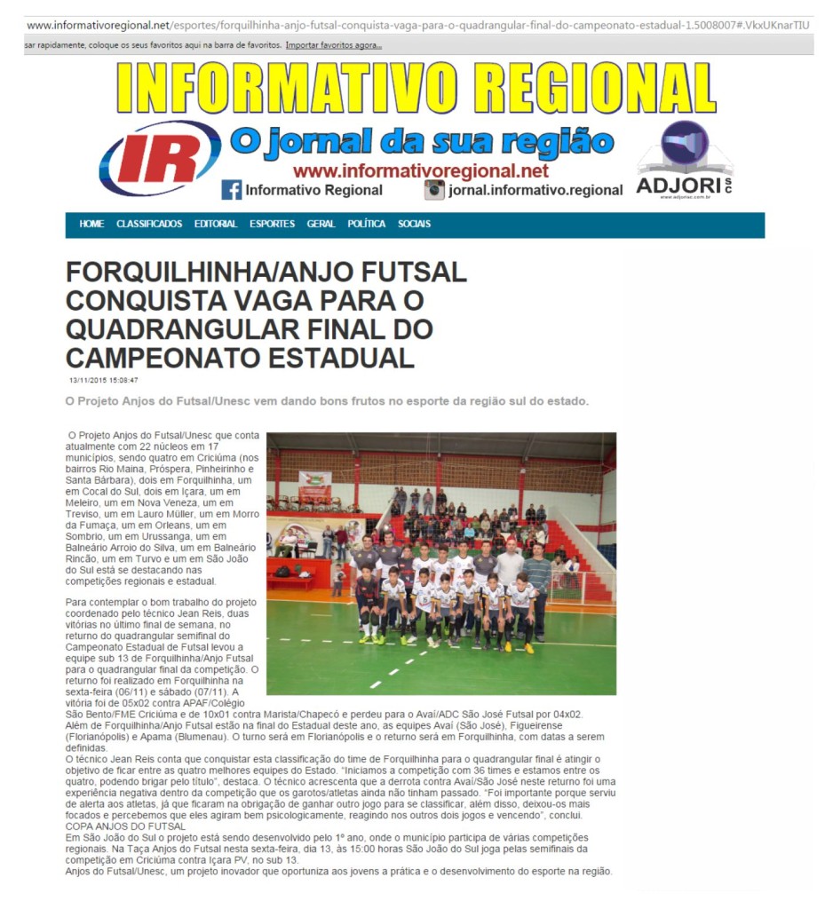 Anjos do Futsal no Informativo Regional - 13/11/2015