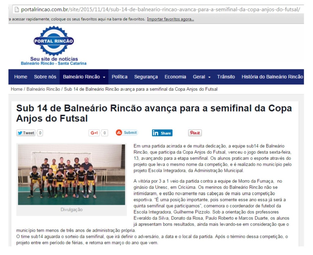 Anjos do Futsal no Portal Rincão - 14/11/2015