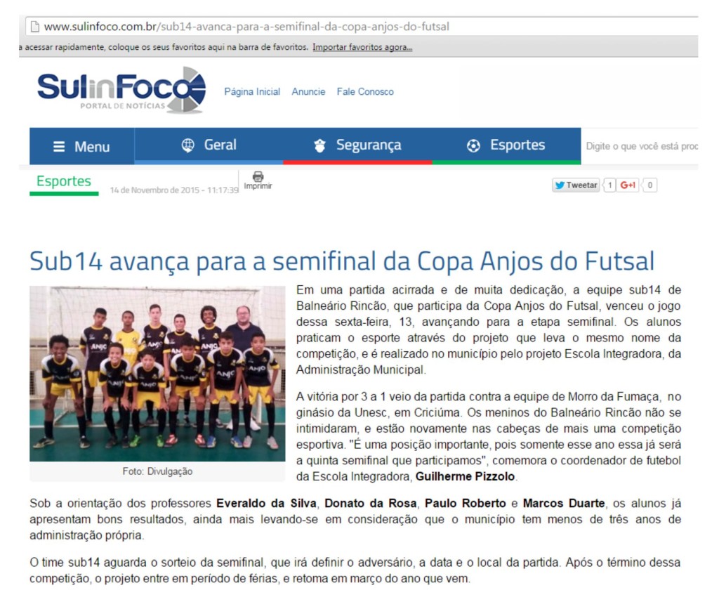Anjos do Futsal no Portal  Sul In Foco - 14/11/2015