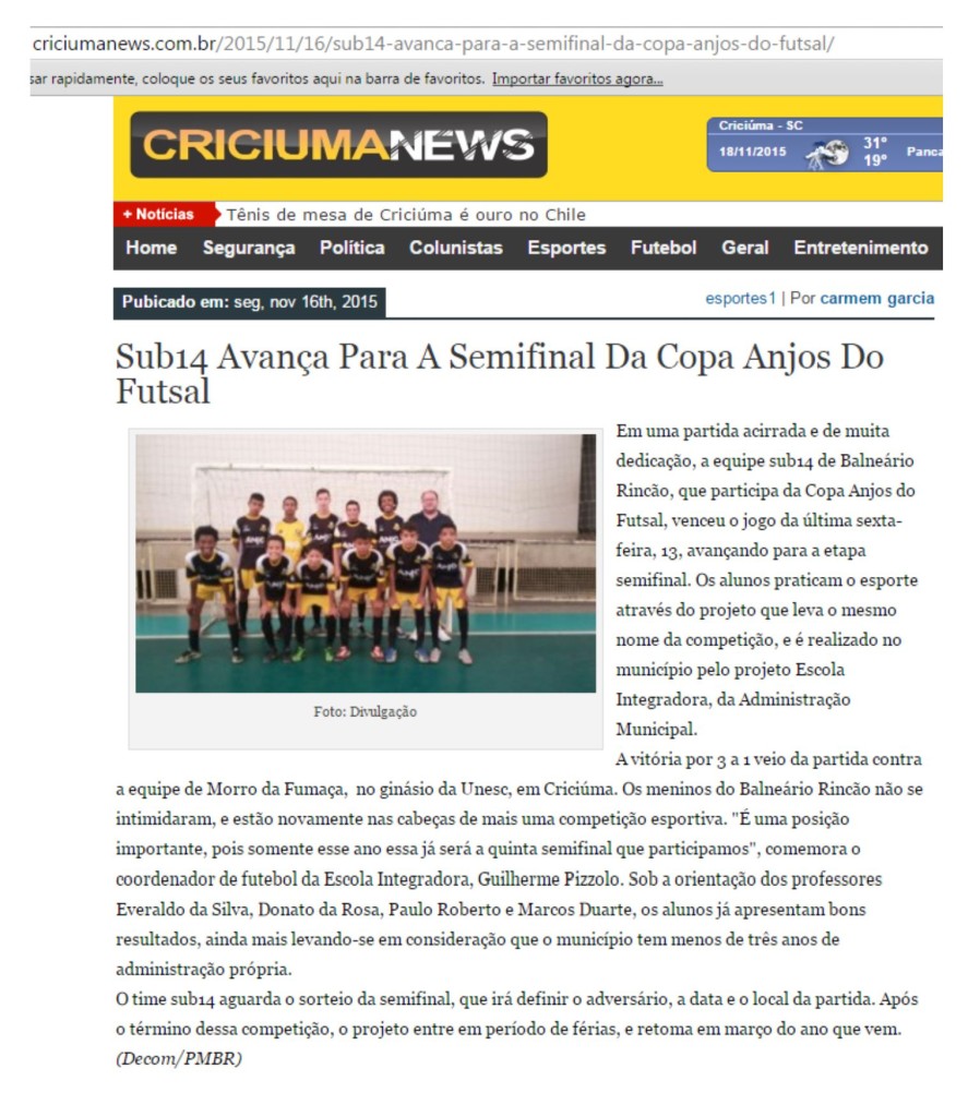 Anjos do Futsal no Portal Criciúma News - 16/11/2015