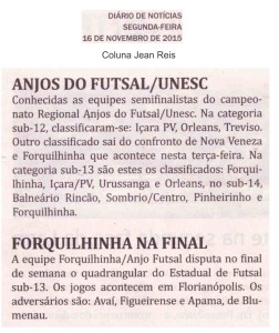 Anjos do Futsal no Jornal Diário de Notícias - 16/11/2015