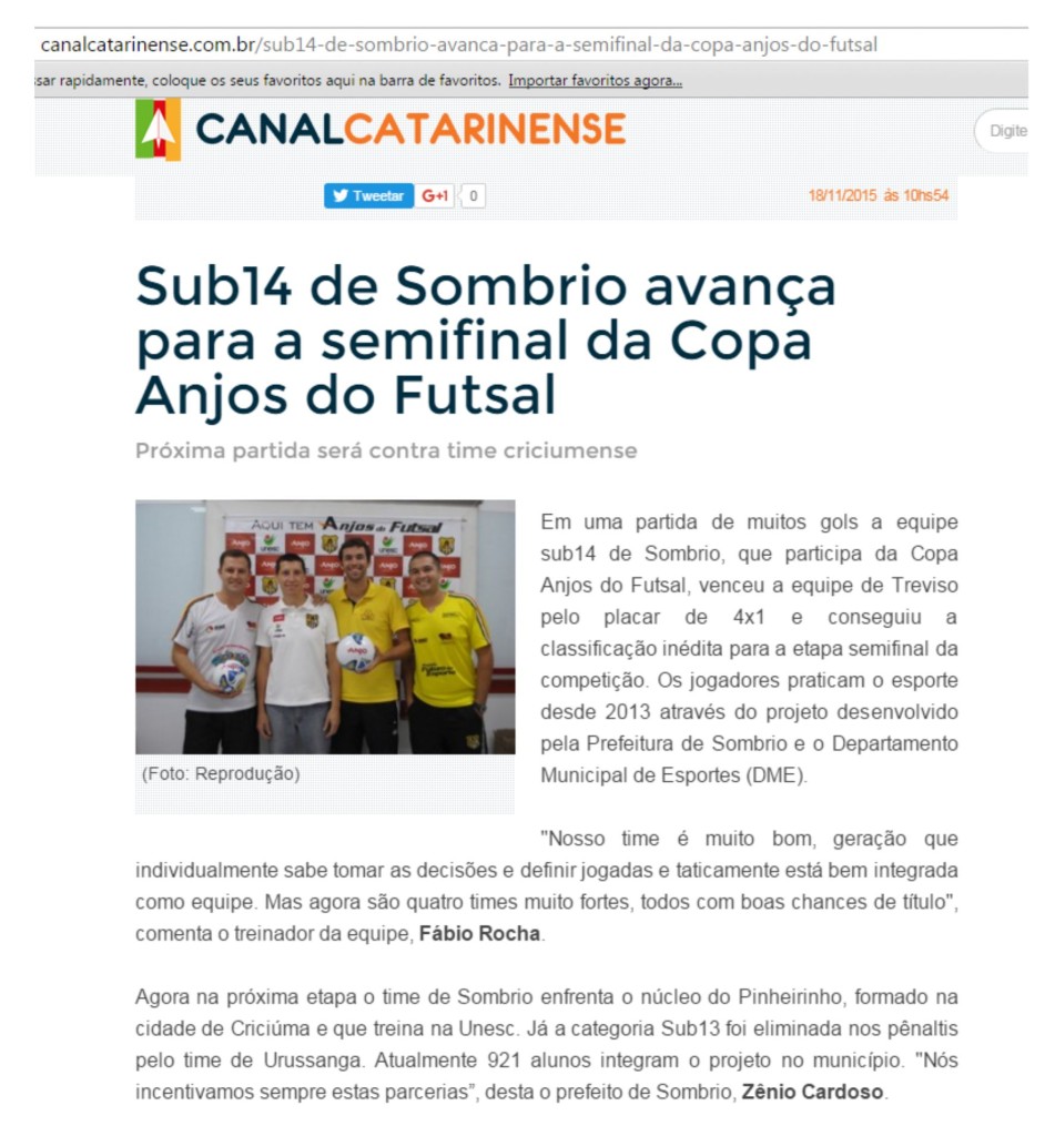 Anjos do Futsal no Portal Canal Catarinense - 18/11/2015