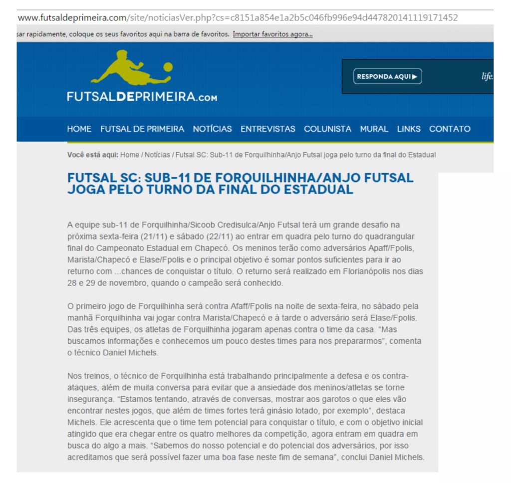 Anjos do Futsal no Portal Futsal de Primeira - 18/11/2015