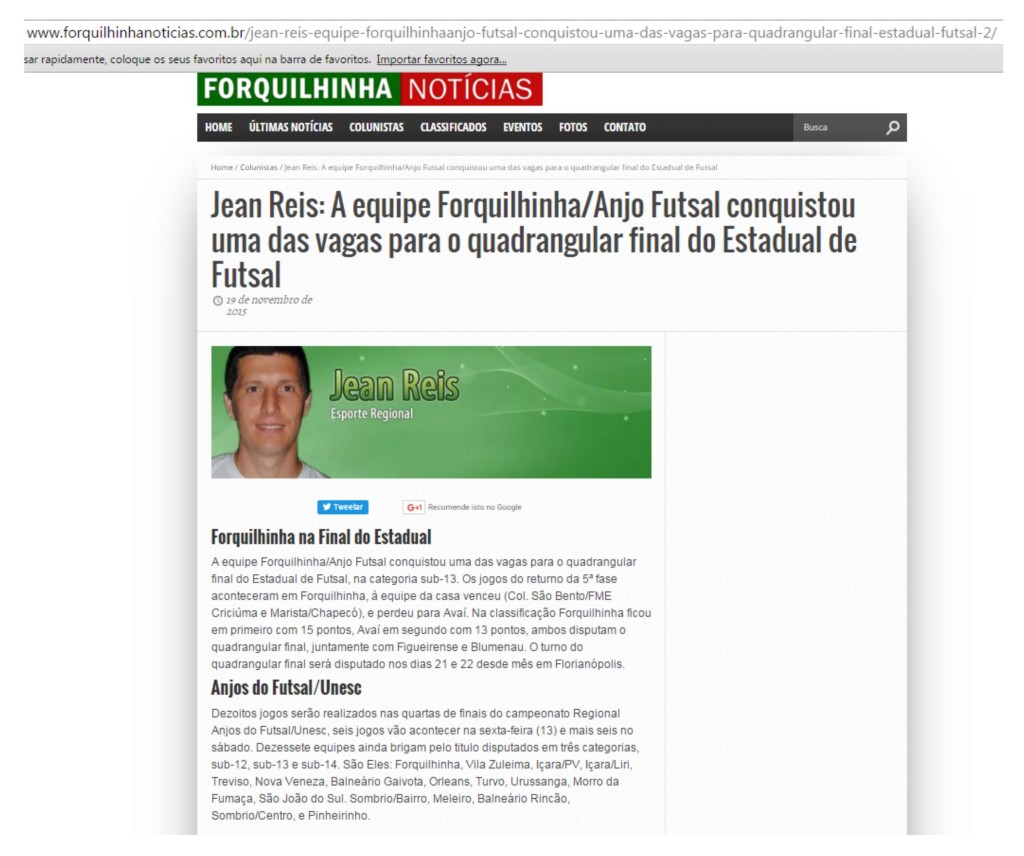Anjos do Futsal no Portal Forquilhinha Notícias - 19/11/2015