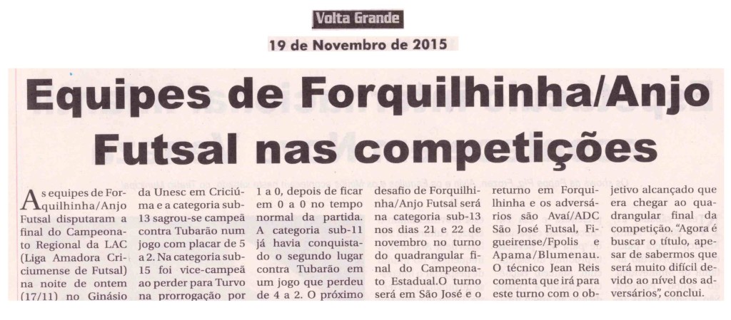 Anjos do Futsal no Jornal Volta Grande - 19/11/2015