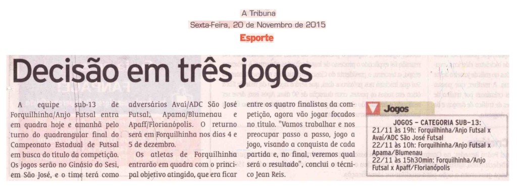 Anjos do Futsal no Jornal A Tribuna - 20/11/2015