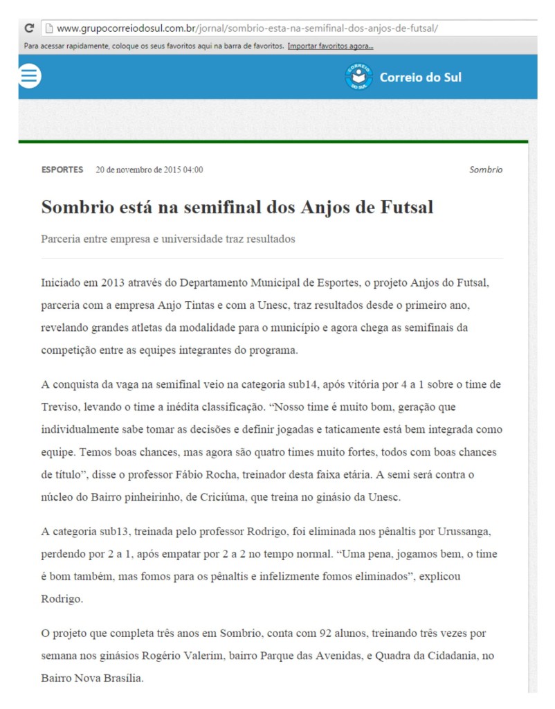Anjos do Futsal no Jornal Correio do Sul - 20/11/2015