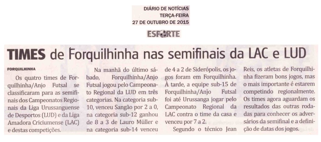 Anjos do Futsal no Jornal Diário de Notícias - 27/10/2015