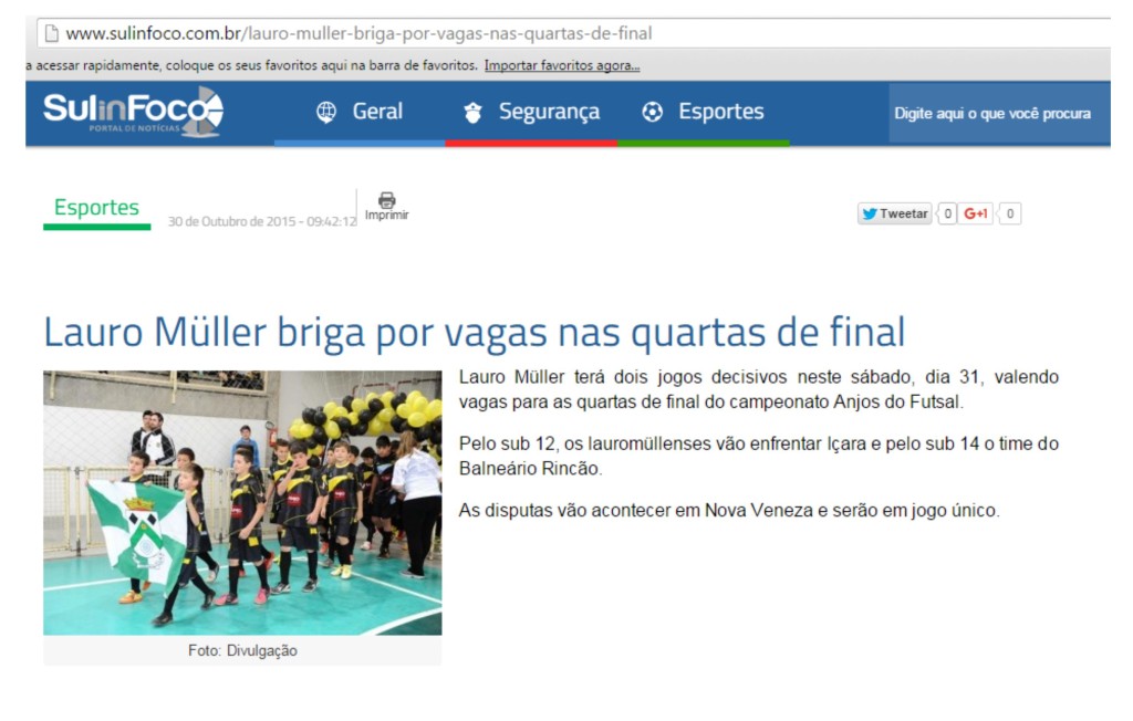 Anjos do Futsal no Portal Sul In Foco - 30/10/2015