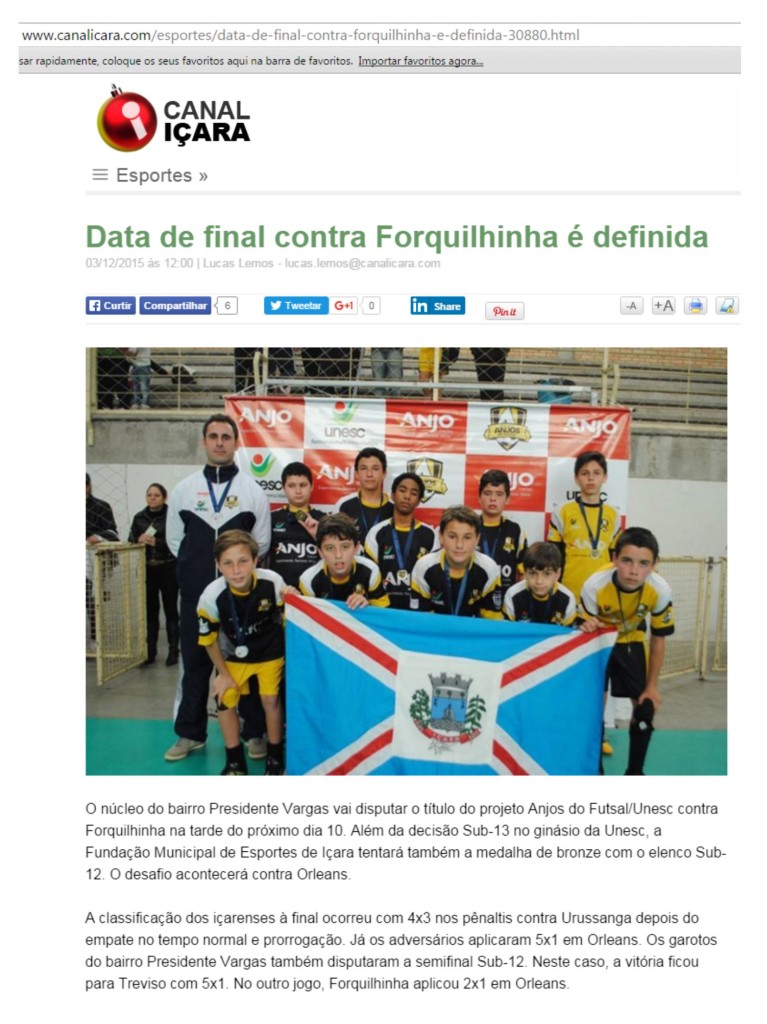 Anjos do Futsal no Canal Içara 03/12/2015