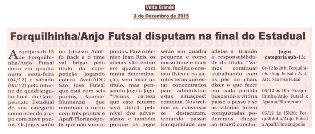 Anjos do Futsal no Jornal Volta Grande - 03/12/2015