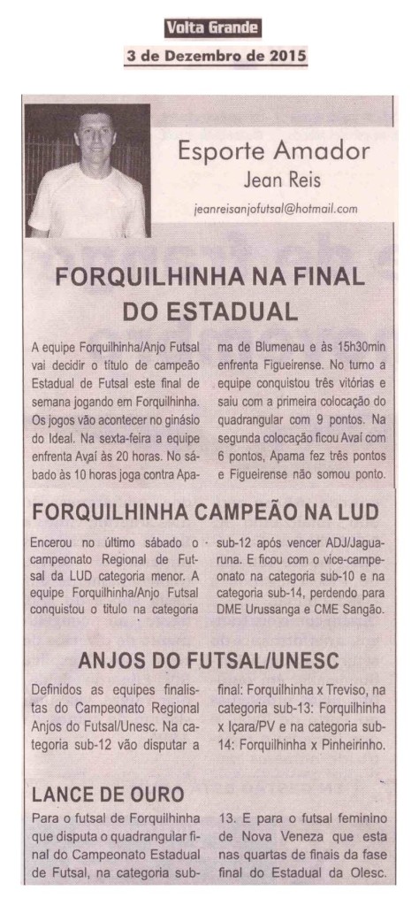 Anjos do Futsal no Jornal Volta Grande - 03/12/2015