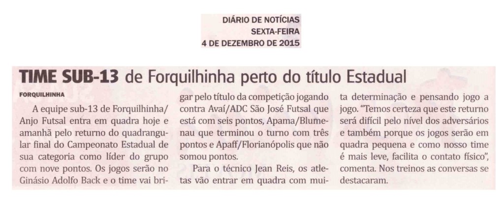 Anjos do Futsal no Jornal Diário de Notícias 04/12/2015