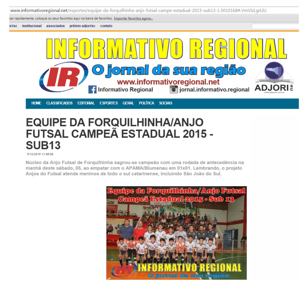Anjos do Futsal no Informativo Regional 05/12/2015