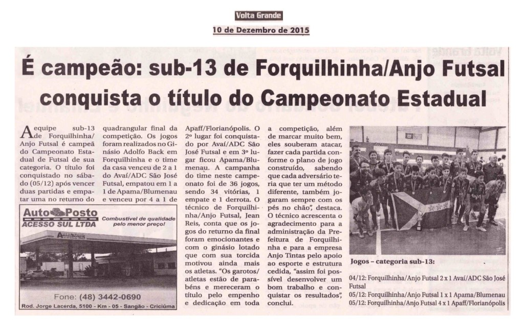 Anjos do Futsal no Jornal Volta Grande - 10/12/2015