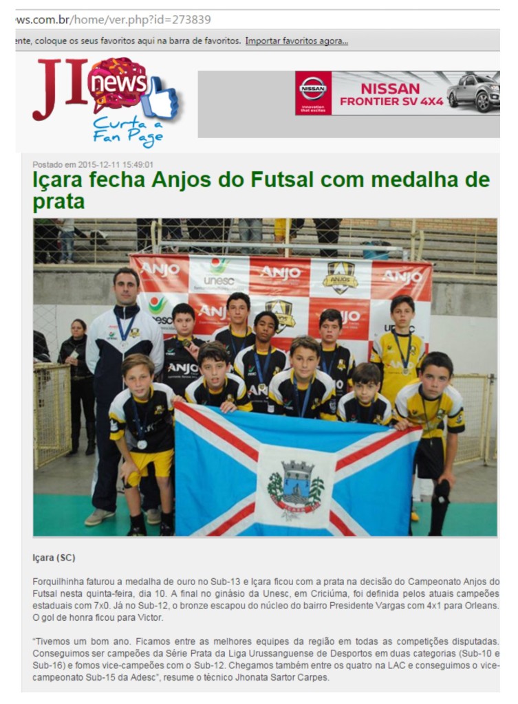 Anjos do Futsal no Portal JI News - 11/12/2015