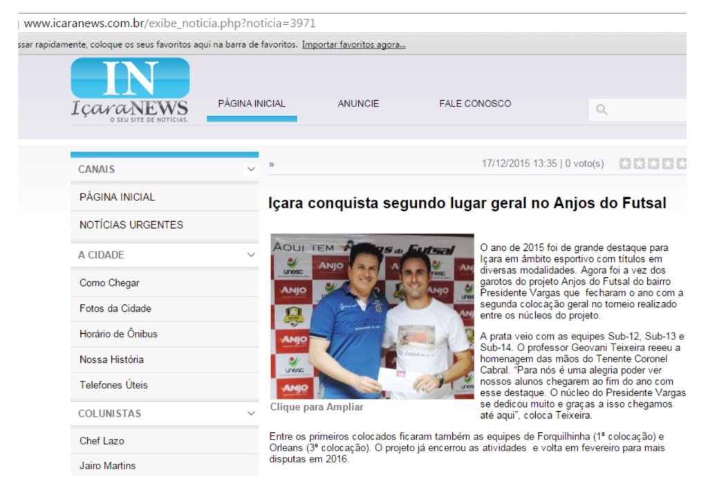 Anjos do Futsal no Portal Içara News - 17/12/2015