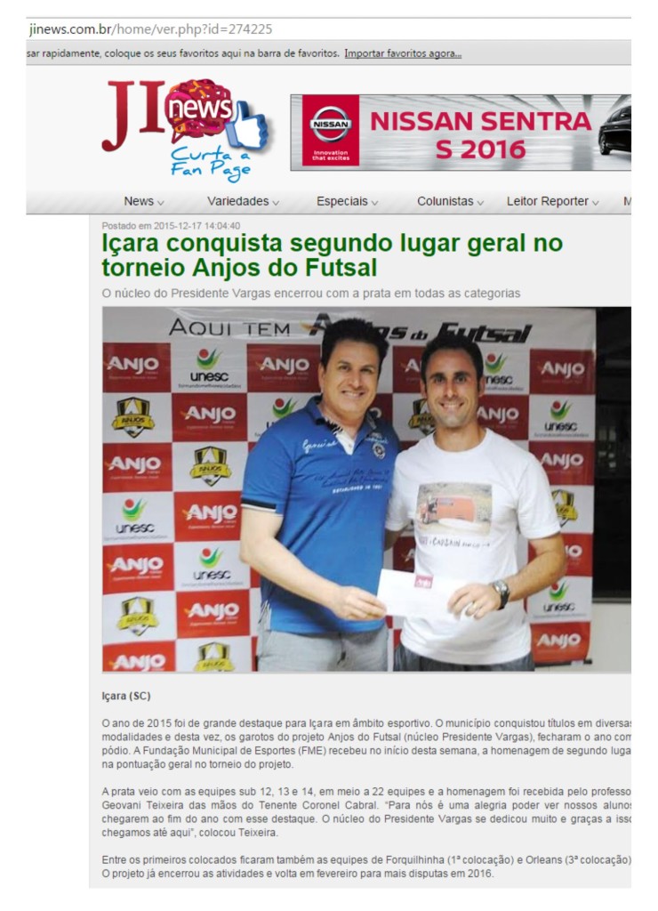 Anjos do Futsal no Portal JI News - 10/12/2015