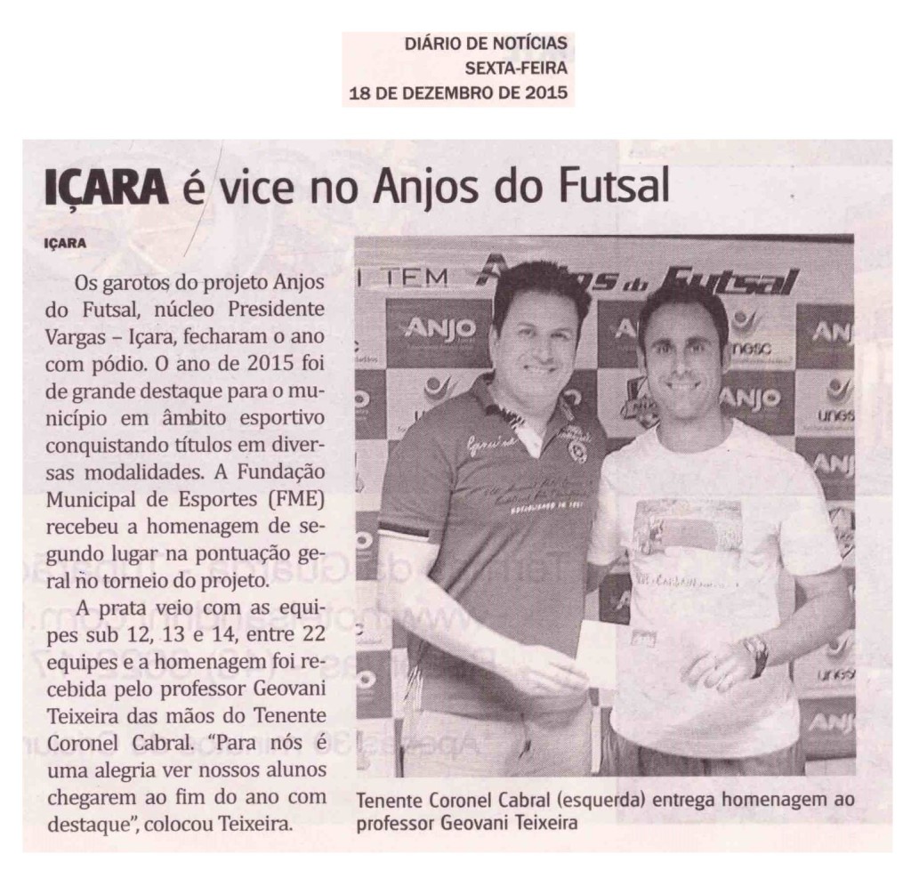 Anjos do Futsal no Jornal Diário de Notícias - 18/12/2015