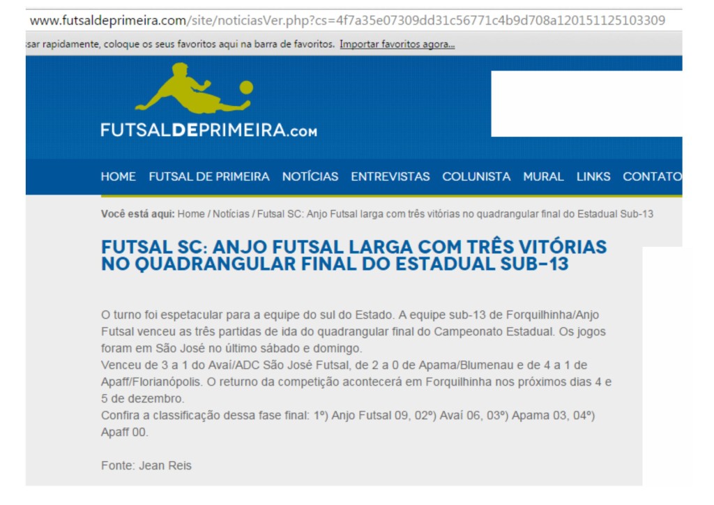 Anjos do Futsal no Portal Futsal de Primeira 30/11/2015